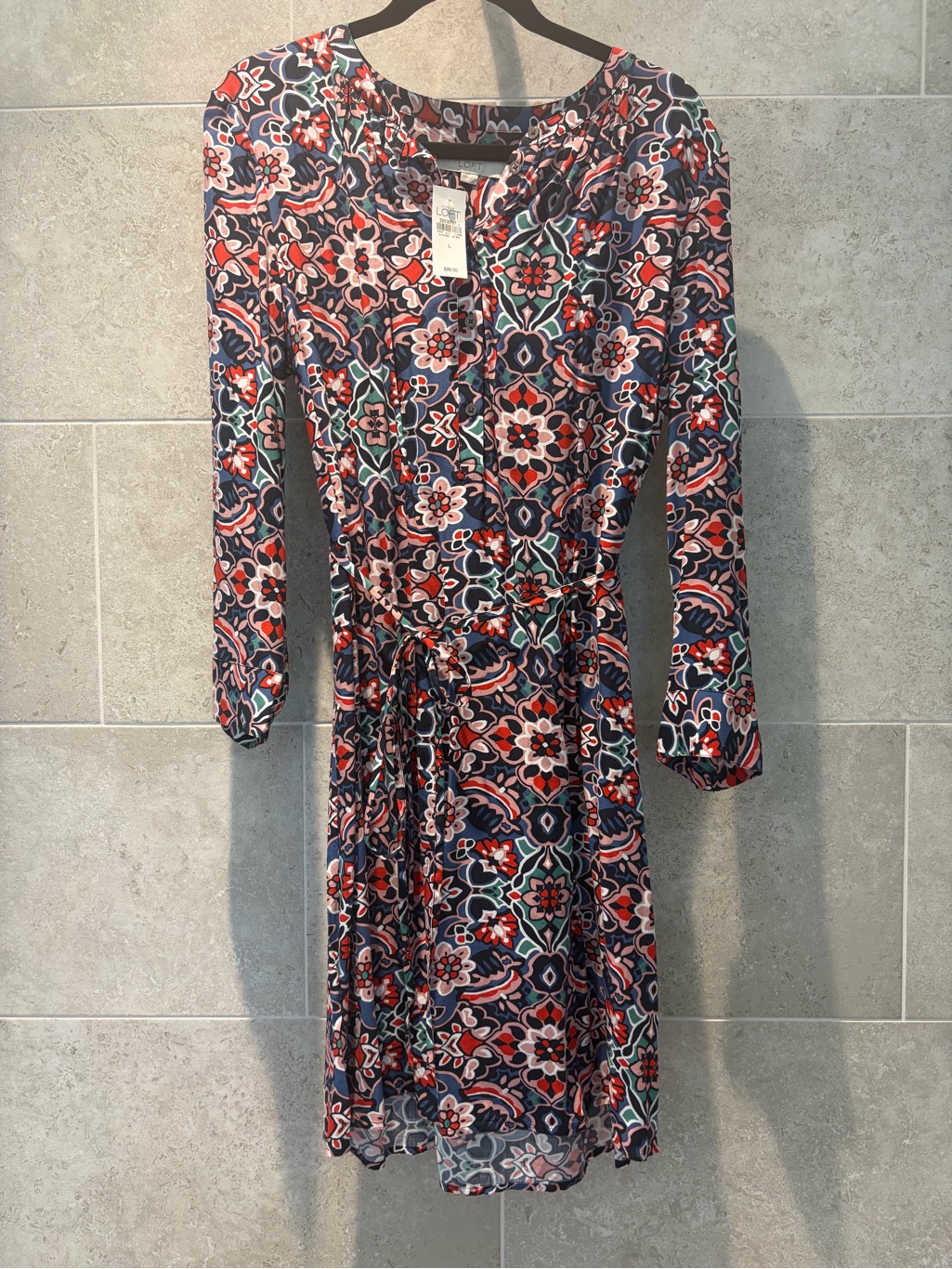 Loft Navy, Coral & Teal Floral Long-Sleeve Wrap Dress